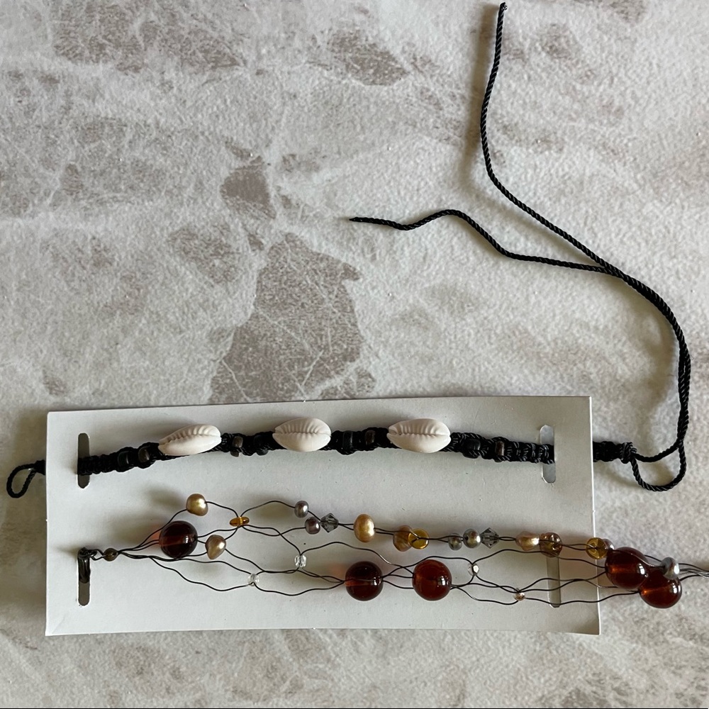 Braided wire mix beads, 3 white shell macramé bracelet - 2 strands